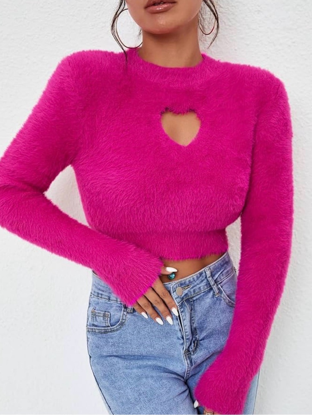 NWT Moda Me Couture Pink Heart Cutout Fuzzy Sweater Size XS
